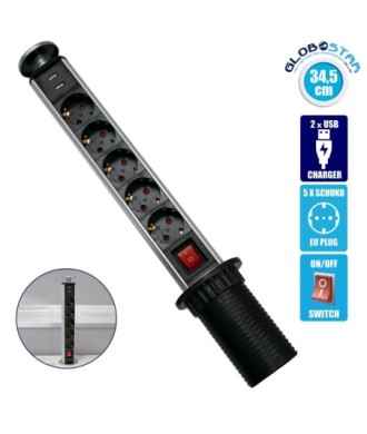 GloboStar® 79632 Χωνευτό Πτυσσόμενο Πολύμπριζο με 5 Πρίζες Ασφαλείας EU Σούκο AC 230V Max 5000W & 2 Εξόδους USB DC 5V Max 3A 18W & Ενσωματωμένο Διακόπτη Οn-Off